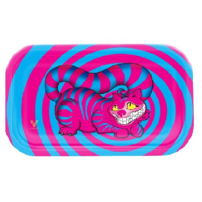 Tabuleiro retangular azul e rosa com ilustração de gato sorridente