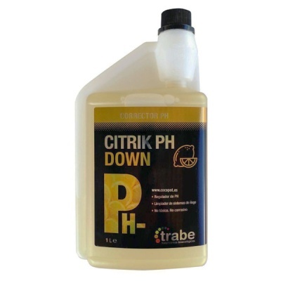Frasco plástico com etiqueta CITRIK PH DOWN e tampa preta