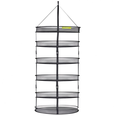 Prateleira suspensa preta de cinco níveis em malha fina