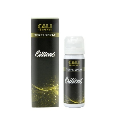 Frasco e caixa preta de spray CALI TERPENES Critical com tampa translúcida