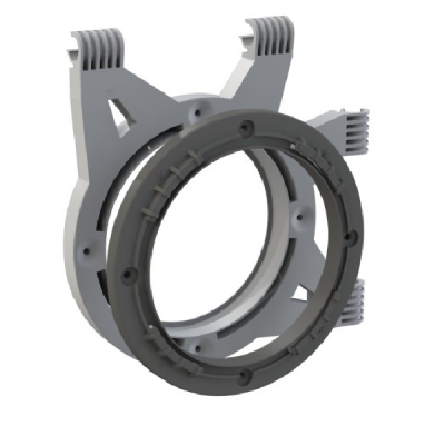 Suporte plástico cinzento com anel circular escuro e fechos