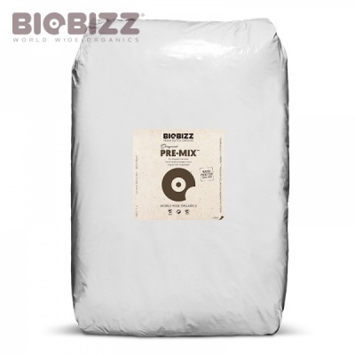 Saco branco Biobizz PRE-MIX com rótulo central e logótipos.