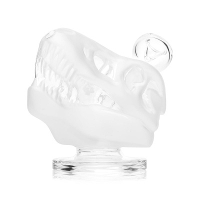 Escultura em vidro fosco e transparente em forma de crânio de dinossauro