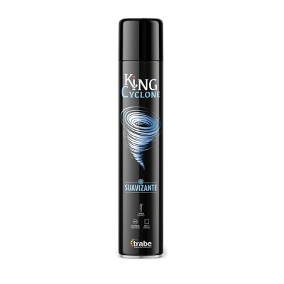 Aérosol preto de suavizante King Cyclone da Trabe com ciclone azul e branco e texto em azul e branco