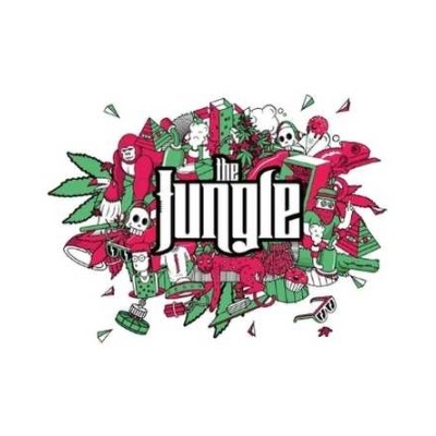 Ilustração com o texto the jungle rodeado por animais e plantas coloridos