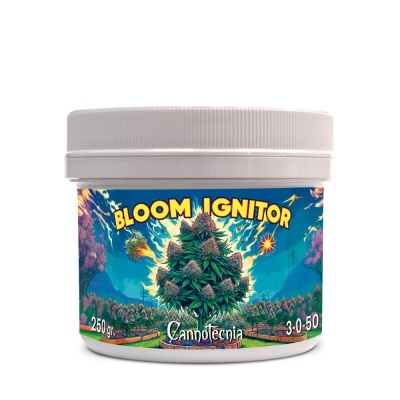 Recipiente branco Bloom Ignitor com rótulo ilustrado colorido