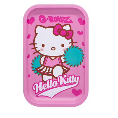 Tabuleiro rosa com desenho Hello Kitty líder de claque e textos G-ROLLZ e Hello Kitty