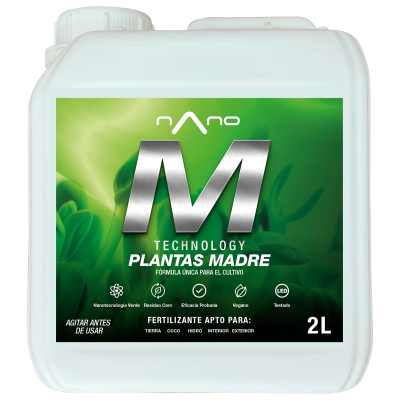 Recipiente de plástico branco com etiqueta verde e preta de fertilizante PLANTAS MADRE 2L