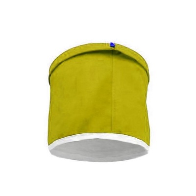 Luminária suspensa verde cilíndrica com interior branco e detalhe azul
