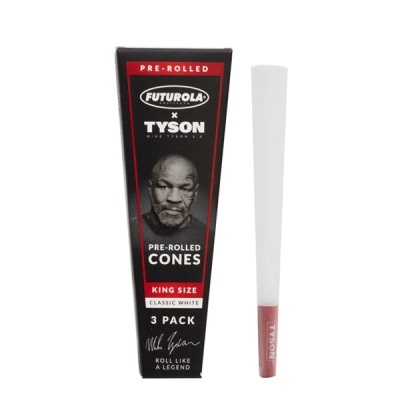 Embalagem preta de cones pré-rolled Futurola x Tyson com cone branco e filtro vermelho ao lado