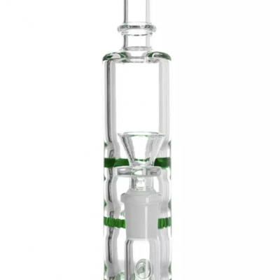 Bong de vidro transparente com detalhes verdes e base circular