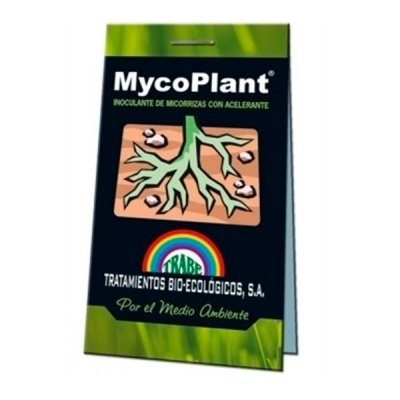 Embalagem MycoPlant inoculante de micorrizas com ilustração de raízes e texto em espanhol