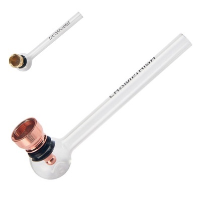 Cachimbo de vidro transparente com cabeça metálica de cor cobre e inscrição CHAMP HIGH
