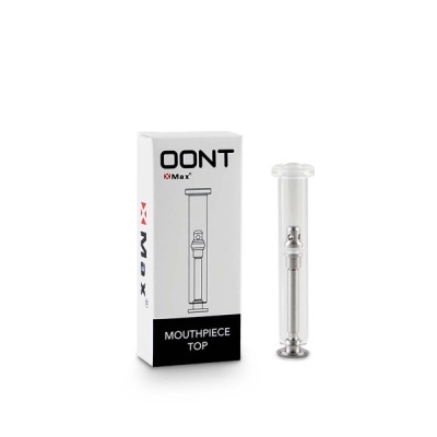 Acessório metálico em tubo transparente ao lado de caixa branca OONT XMax com texto MOUTHPIECE TOP