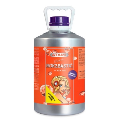 Recipiente cinza com rótulo laranja e tampa roxa para produto ATAMI ROKZBASTIC