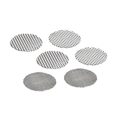 Seis discos redondos de metal com padrões distintos em fundo branco
