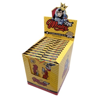 Caixa de blocos de papel para enrolar King Monkey com design amarelo, vermelho e preto.