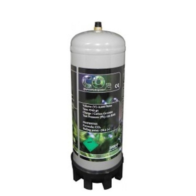 Botija cilíndrica branca com etiqueta preta e verde e válvula no topo