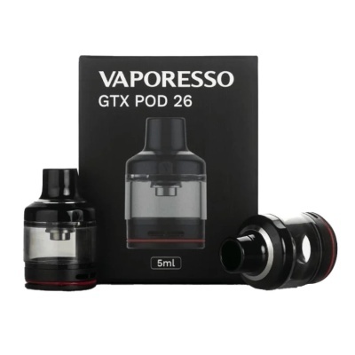 Vaporizadores Vaporesso GTX POD 26 em preto com caixa preta e texto branco