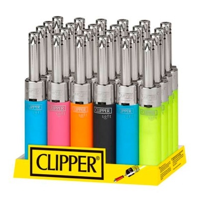Expositor amarelo com isqueiros Clipper soft coloridos