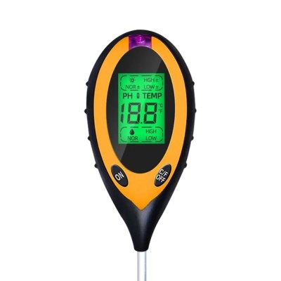 Medidor digital de PH e temperatura preto e amarelo com ecrã verde e sonda metálica