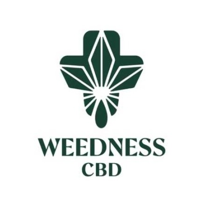 Logótipo WEEDNESS CBD com folha estilizada e cruz verde escuro