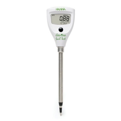 Medidor digital de solo branco com visor LCD e haste metálica.