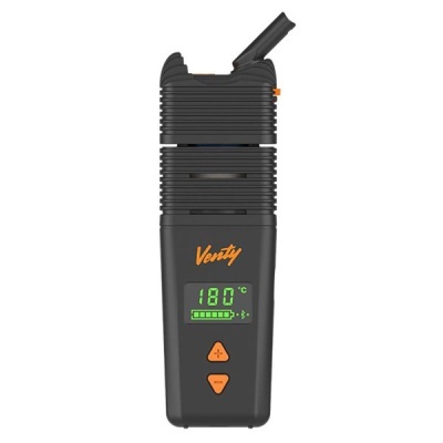 Vaporizador portátil preto com visor digital e botões laranja