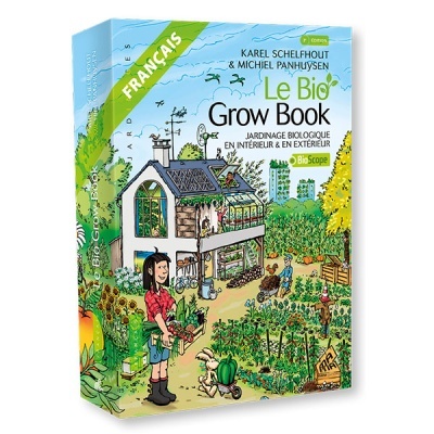 Livro Le Bio Grow Book com capa ilustrada mostrando casa e jardim em cores vibrantes