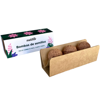 Pacote de Bombas de sementes Meliflór com três bolas de sementes numa embalagem castanha