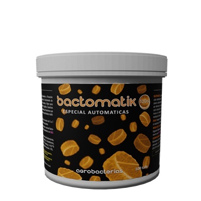 Frasco plástico branco com tampa e rótulo preto com pastilhas castanhas e texto bactomatik