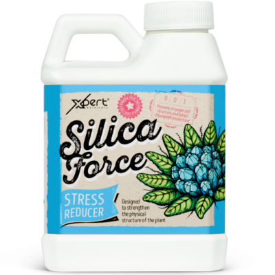 Embalagem branca de produto líquido Silica Force Stress Reducer com rótulo azul e bege