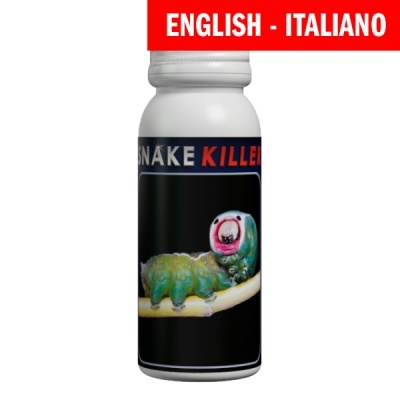 Frasco branco com rótulo preto e imagem de larva verde, texto SNAKE KILLER e faixa vermelha com ENGLISH - ITALIANO