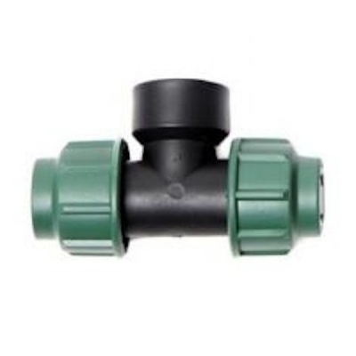 Adaptador em T de plástico preto com extremidades verdes para tubagens