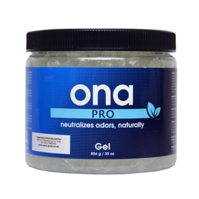 Frasco de gel Ona Pro para neutralizar odores, com rótulo azul e tampa preta