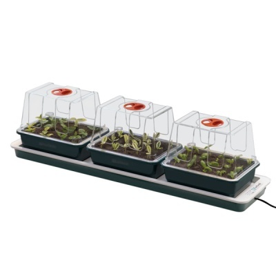 Estufa de germinação com três bandejas e tampas transparentes em base elétrica branca.