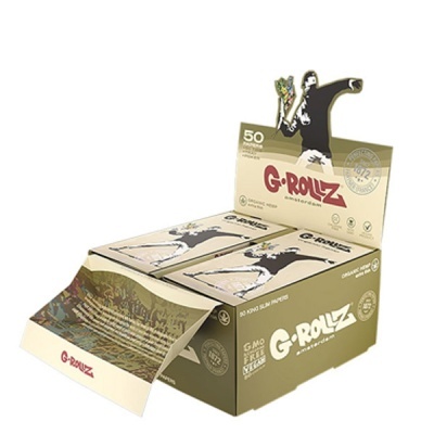 Expositor de papel para enrolar G-Rollz com 50 folhas e figura humana a apontar