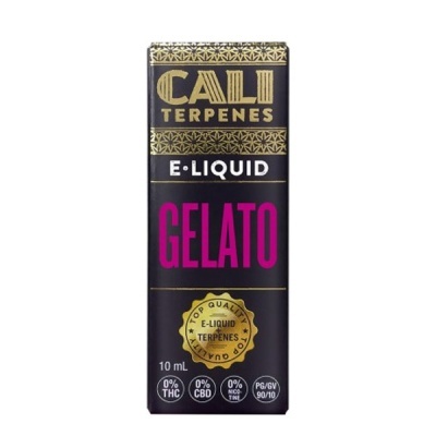 Embalagem preta de e-liquid CALI TERPENES GELATO com texto dourado e rosa.
