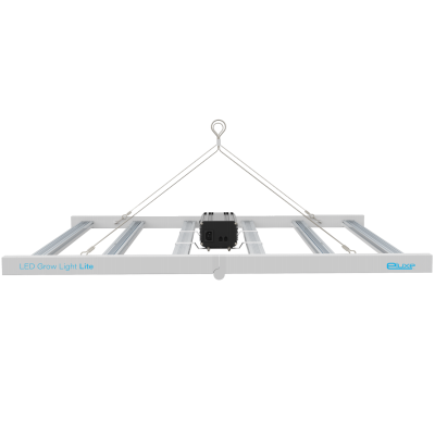 Luz de cultivo LED suspensa com texto azul e cabos metálicos