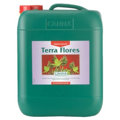 Recipiente verde escuro com etiqueta Terra Flores CANNA e imagem de plantas