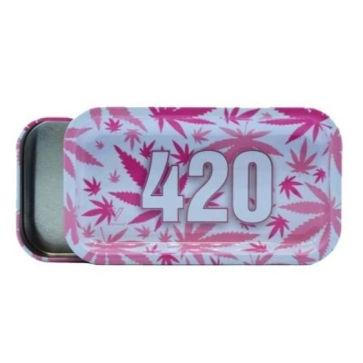 Tabuleiro metálico decorado com folhas rosas e número 420