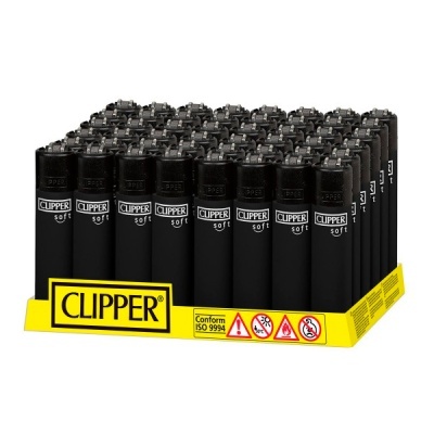 Caixa amarela com 48 isqueiros pretos CLIPPER soft com símbolos de aviso