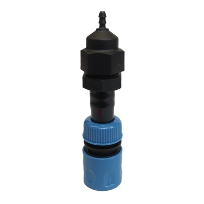 Conector ou adaptador de tubo em plástico preto e azul