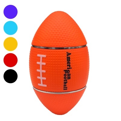 Frasco em forma de bola de futebol americano cor laranja com detalhes brancos e texto preto