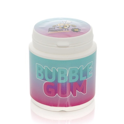 Frasco branco de plástico com rótulo colorido e texto BUBBLE GUM