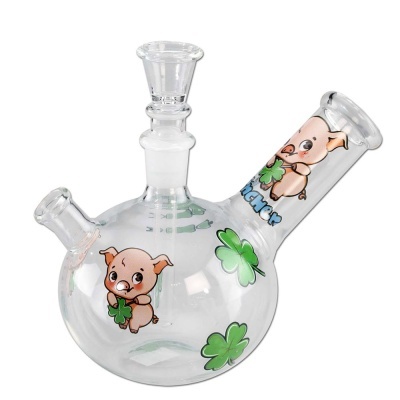 Bong de vidro transparente com desenhos de porquinhos e trevos verdes