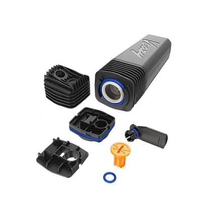 Conjunto de componentes eletrónicos em plástico preto com detalhes azuis e laranja