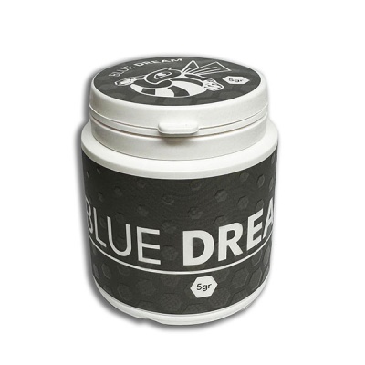 Frasco branco com rótulo preto e texto BLUE DREAM e 5gr
