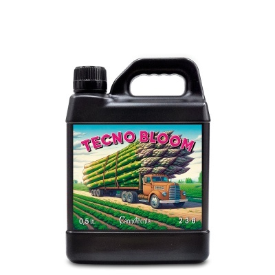 Frasco preto com rótulo de fertilizante Tecno Bloom com camioneta e espargos
