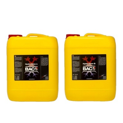 Dois grandes recipientes amarelos de plástico com etiquetas pretas Hydro Grow A e B